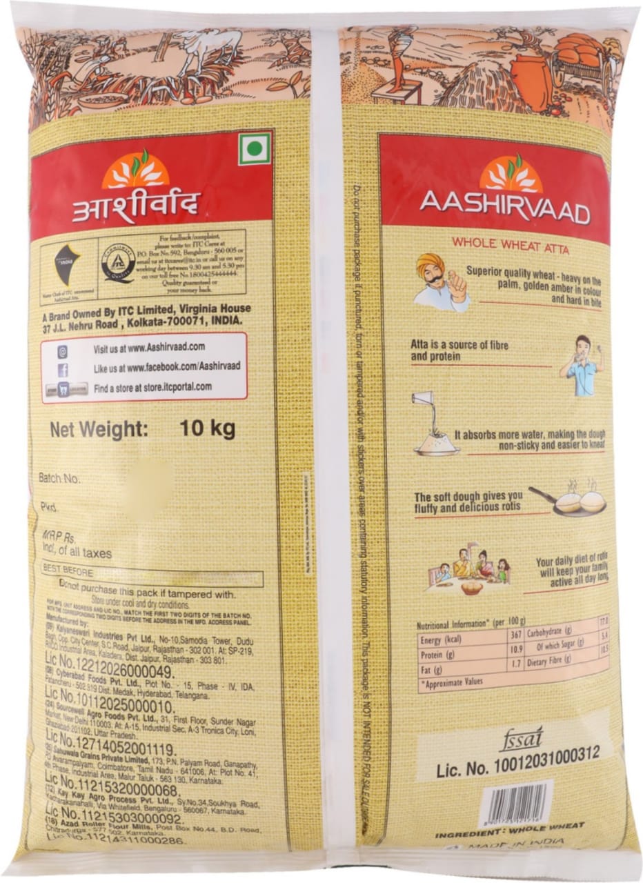 Aashirvaad Atta - Whole Wheat, 10 kg Pouch